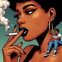 giantess black_hair blue_eyes smoking shrunken_man dark_skin cigarette freckles earrings on_shoulder no_background ai_art