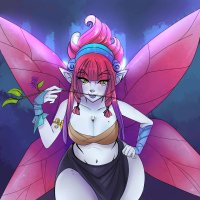 breasts drawing giantess wings color cleavage bra skirt fairy yellow_eyes tree pink_hair red_hair twintails shrunken_man forest freckles hairband thick_thighs pointed_ears bare_legs bubimun makeshift_clothing bare_midriff between_breasts