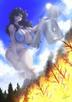 breasts drawing giantess panties mega black_hair color long_hair cleavage bra water wet yellow_eyes sun fire mountains forest trees bending_forward watering_can thick_thighs bare_legs zerohour99 bare_midriff huge_bresats