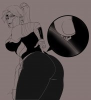 breasts drawing giantess monochrome butt armor finger ponytail amazon shrunken_man pants wonder_woman tiara looking_behind bending_forward helmet no_background dc_comics pushing_with_finger between_buttcheeks artemis cutaway slugmanoctavio3 red_hood