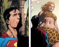 breasts drawing giantess mega comic black_hair color long_hair blue_eyes bra skirt giganta red_hair looming superman point_of_view cape leopard_print dc_comics bare_midriff