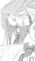 breasts drawing giantess monochrome long_hair couple unknown_artist kissing fangs cliff source_needed looking_at_tiny medusa fate/grand_order