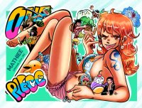 breasts drawing giantess horns manga mega blonde black_hair color tongue swimsuit nami nico_robin one_piece barefoot cleavage bra blue_hair ice_cream green_hair red_hair sandals shorts drink blue_skin sunglasses skeleton palm_trees monkey_d_luffy earrings rainbow goggles pirate legs_crossed sanji luffy brook bare_legs usopp tony_tony_chopper franky jimbei roronoa_zoro melody_star_282
