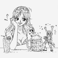 breasts drawing giantess monochrome long_hair sword nico_robin one_piece cleavage smiling sandals shorts glass drink sunglasses tattoo beer earrings beer_mug scar looking_at_tiny zoro