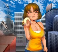breasts drawing giantess city mega color large_breasts destruction cleavage buildings helicopter brunette short_hair eating closed_eyes on_shoulder linda taco zaneclarence10