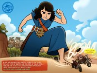 breasts drawing giantess mega black_hair color destruction sword barefoot angry desert brunette foot_crush jungle giantesses mask pants fist motorcycle trees belt dialogue running_away cliff mad_max looking_at_tinies spunkbug