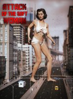 breasts giantess panties city black_hair barefoot cleavage bra buildings short_hair parody vehicles poster looking_at_viewer ripped_clothing vehicle_crush running_away attack_of_the_50_foot_woman digital_render nancy_archer bare_legs bare_midriff vicariousdreams ella_purnell