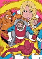 breasts drawing giantess chief mega blonde color robot green_eyes brunette gloves muscles shorts thing costume fantastic_four doom_patrol looking_at_viewer dc_comics elasti-girl robotman invisible_woman marvel_comics human_torch mr._fantastic wheelchair negative_man fusion amalgam robermacquarrie1