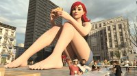 giantess city mega toes barefoot bandages buildings green_eyes red_hair sitting shorts lunch parody food vehicles thighs truck freckles top ripped_clothing filming coffee_cup movie_crew attack_of_the_50_foot_woman digital_render hamburger jeanshorts mary_jane bare_legs spider-man marvel_comics looking_at_tinies gtssrg