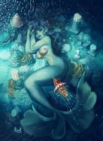 breasts drawing giantess tail mega black_hair color long_hair blue_eyes cleavage water ocean mermaid underwater blue_skin boats rock ruins looking_at_viewer source_needed pirate seashell_bra seagull fleury