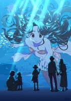 breasts drawing giantess tail color long_hair blue_eyes water brunette mermaid underwater aquarium scales fish blue_nails looking_at_tinies kojiro337