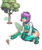 breasts drawing gentle giantess cat mega color purple_hair superhero tree gloves boots mask thighs crouching costume closed_eyes leotard hairband no_background bare_legs psuedofolio big_help