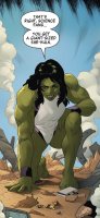 breasts drawing giantess mega blonde comic color large_breasts long_hair toes barefoot green_eyes green_hair kneeling muscles smoke costume leotard bracelet dialogue she_hulk debris green_skin she-hulk bare_legs yellowjacket marvel_comics looking_at_tinies moonstone