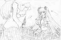 breasts drawing nipples giantess city mega monochrome large_breasts long_hair butt destruction handheld rampage cleavage skirt buildings boots unknown_artist kneeling uniform tie giantesses source_needed cupping_breasts cutaway