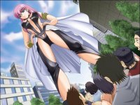 breasts drawing giantess manga city mega color buildings purple_hair unknown_artist underboob towering point_of_view cape crowds hands_on_hips source_needed