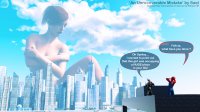 breasts giantess white_hair nude giga city cleavage buildings green_eyes embarrassed red_hair ponytail short_hair airplane skyscraper mask costume catsuit new_york_city dialogue covering_breasts thick_thighs digital_render mary_jane black_cat convenient_censorship spider-man marvel_comics peter_parker felicia_hardy ds-sael sael