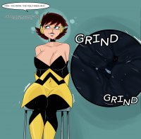breasts drawing color large_breasts butt blue_eyes cleavage butt_crush brunette gloves short_hair boots sitting shrunken_woman avengers dark_skin choker costume jumpsuit no_background janet_van_dyne marvel_comics cutaway grind the_wasp slugmanoctavio3 maria_hill avengers_earths_mightiest_heroes