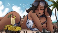 bikini breasts drawing giantess mega black_hair color beach cleavage yellow_eyes sunglasses dark_skin outdoors truck palm_tree bored on_body laying videajames rum