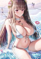 breasts drawing giantess mega color large_breasts long_hair swimsuit beach cleavage water ocean brunette purple_eyes unknown_artist sitting source_needed looking_at_tiny floatie on_breasts bare_legs flower_in_hair bare_midriff