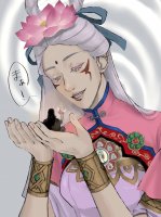 breasts drawing giantess white_hair mega color smiling in_hand hair_bow ace_attorney no_background flower_in_hair dhurke_sahdmadhi amara_sigatar_khurain intestine_0