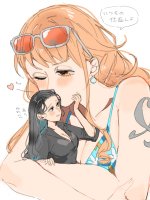 breasts drawing giantess blushing black_hair color long_hair nami nico_robin one_piece cleavage green_eyes brown_eyes red_hair kissing shrunken_woman sunglasses hugging tattoo japanese_text earrings no_background spt0055