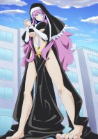 breasts drawing giantess city mega color large_breasts long_hair blue_eyes toes barefoot buildings purple_hair underboob nun bare_legs bare_midriff habit jhhckvdyhdlnz1b sister_gigant gushing_over_magical_girls
