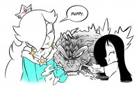 drawing giantess black_hair long_hair smiling godzilla dress crown fangs super_mario closed_eyes earrings dialogue purple_nails no_background kaiju petting princess_rosalina 4brandonjs4