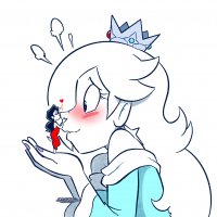 breasts drawing giantess blushing black_hair color long_hair handheld barefoot dress kissing crown shrunken_woman super_mario earrings purple_nails no_background looking_at_tiny princess_rosalina pauline 4brandonjs4