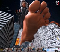 breasts giantess giga city mega alien blue_eyes toes barefoot rampage buildings smiling gloves fire airplane star_wars explosion tattoo point_of_view crowds running_away horn police_car digital_render orange_skin togruta looking_at_tinies ahsoka_tano jedi sinepto1 Mega lekku