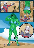 breasts drawing growth giantess mega comic color long_hair swimsuit beach toes cleavage water ocean green_hair sandals foot_crush muscles abs sunglasses sand thighs costume ant-man hands_on_hips she_hulk helmet green_skin looking_at_tiny yellowjacket marvel_comics musclefan cutaway scott_lang