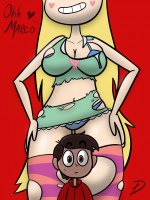 breasts drawing growth giantess panties mega upskirt blonde color large_breasts long_hair cleavage bra brunette brown_eyes smiling socks disney ripped_clothing hands_on_hips no_background star_butterfly star_vs_the_forces_of_evil bare_midriff defmno macro_diaz