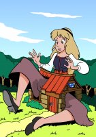 breasts drawing growth giantess blonde color long_hair destruction skirt buildings shoes outgrowing_building tree dress forest disney hairband cabin bare_legs drsgrowth eilonwy the_black_cauldron