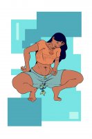 breasts drawing giantess alien black_hair color long_hair licking toes barefoot brown_eyes smiling shorts abs shrunken_man dark_skin crouching disney top no_background green_skin looking_at_tiny bare_legs cyclops antennae nani_pelekai bare_midriff h3357t lilo_and_stitch pleakley
