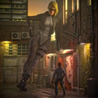 breasts giantess city mega blonde buildings superhero gloves boots camera mask leaning_against_building jacket costume alley hands_on_hips legs_crossed reporter graffiti looking_at_tiny digital_render high_rise justablenderusername