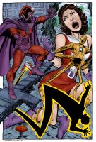 drawing giantess chief mega color destruction blue_eyes crossover high_heels brunette brown_eyes gloves short_hair boots fighting entrapment costume cape doom_patrol belt x-men helmet dc_comics bare_legs elasti-girl robotman marvel_comics negative_man elasti_girl rita_farr magneto john_bryne
