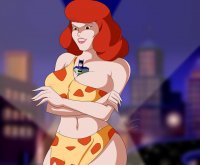 breasts drawing giantess city color large_breasts cleavage bra buildings brown_eyes smiling giganta red_hair mask batman night costume cape spotlights leopard_print looking_at_tiny dc_comics loincloth bare_midriff between_breasts dongio86