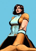 breasts drawing giantess color large_breasts handheld brunette brown_eyes smiling gloves short_hair muscles abs costume point_of_view doom_patrol looking_at_viewer belt no_background dc_comics elasti_girl rita_farr thefleshmonk
