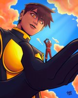 breasts drawing giantess mega color handheld brunette brown_eyes smiling gloves short_hair boots shrunken_man avengers dark_skin clouds costume ant-man earrings belt helmet looking_at_tiny janet_van_dyne marvel_comics the_wasp hank_pym tyranojex