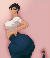 breasts drawing giantess black_hair color butt brown_eyes asian short_hair shrunken_man pants superman lois_lane earrings top belt blindfold looking_behind thick_thighs no_background looking_at_tiny dc_comics bare_midriff my_adventures_with_superman nightmarexbx-2