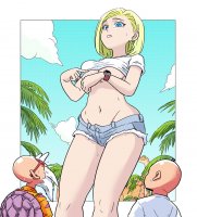 breasts drawing growth giantess mega blonde comic color blue_eyes cleavage glasses anime sweat dbz android_18 watch underboob shorts dragon_ball palm_trees earrings top dragonballz daisy_dukes master_roshi bare_legs krillin bare_midriff