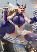breasts drawing giantess horns city mega blonde color large_breasts long_hair butt destruction buildings helicopter angry camel_toe gloves boots fire open_mouth mask thighs fist crouching costume point_of_view ripped_clothing my_hero_academia mt._lady embers yoshi55level