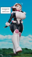 breasts giantess giga city high_heels huge_breasts brunette brown_eyes boots foot_crush unaware mountains thighs costume dialogue thick_thighs digital_render my_hero_academia ochako_uraraka mmdelight