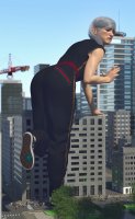 giantess white_hair city mega butt buildings shoes ginormica short_hair monsters_vs_aliens jumpsuit crowds running_away looking_behind leaning_on_building crane zipper digital_render susan_murphy dreamworks blob b.o.b. allthesizepuns