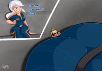 breasts drawing giantess white_hair mega comic color large_breasts butt blue_eyes butt_crush angry ponytail ginormica short_hair sitting cartoon thighs fist monsters_vs_aliens belt jumpsuit dialogue thick_thighs susan_murphy dreamworks kisparlius missing_link