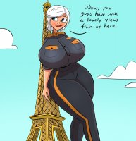 breasts drawing giantess white_hair mega color blue_eyes huge_breasts ginormica short_hair clouds thighs leaning_against_building paris monsters_vs_aliens belt jumpsuit eiffel_tower dialogue hands_on_hips thick_thighs no_background anon susan_murphy dreamworks caiman2 looking_at_tinies polakpeasant