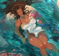 breasts drawing nipples giantess sleeping color large_breasts long_hair cleavage water brunette mermaid underwater pink_hair dark_skin bare_legs orcbarbies