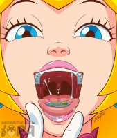 drawing giantess vore giga blonde color long_hair tongue blue_eyes teeth princess_peach water saliva island gloves open_mouth super_mario on_tongue jora-bora shrunken_island