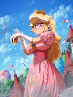 breasts drawing growth giantess mega blonde color large_breasts long_hair destruction blue_eyes princess_peach castle smiling gloves dress crown mountains super_mario clouds point_of_view earrings flag mega_mushroom shygts