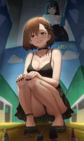 breasts drawing giantess panties upskirt black_hair color large_breasts cleavage skirt brunette brown_eyes dress short_hair unknown_artist kneeling shrunken_woman shrunken_man pen giantesses notepad indoors crouching experiment choker shirt point_of_view necklace earrings prisoners source_needed black_nails looking_at_tinies hair_pin