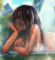 breasts drawing giantess nude mega black_hair color long_hair butt cleavage wet waterfall lying_down unknown_artist mountains forest dark_skin tattoo source_needed spear shield looking_at_tiny